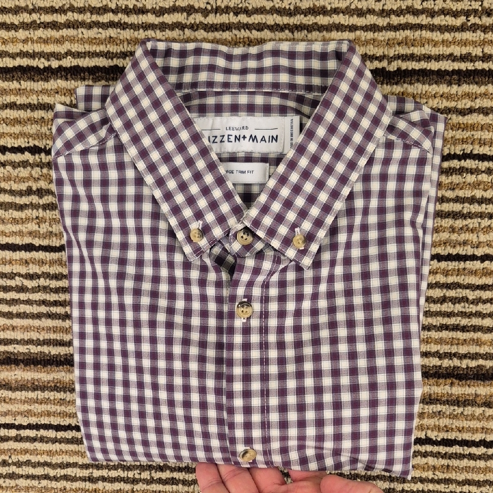 MIZZEN + MAIN Leeward Purple White Plaid Blend Large Trim Mens Long Sleeve Shirt